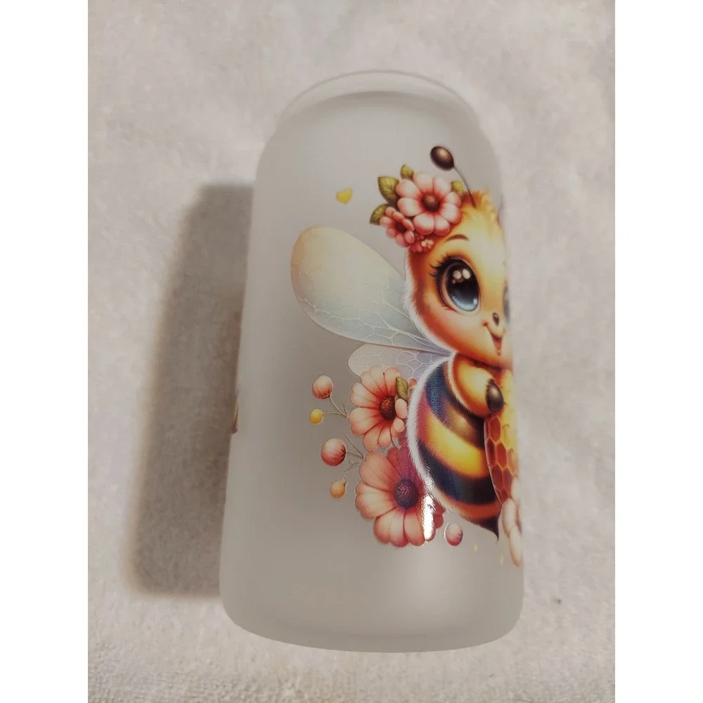 Bee Honey Pot Frosted Glass Tumbler Cup Bamboo‎ Lid Straw and Brush Included